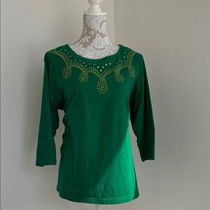 Bob Mackie Green Top with Gold Accents size XL Holiday cotton top
